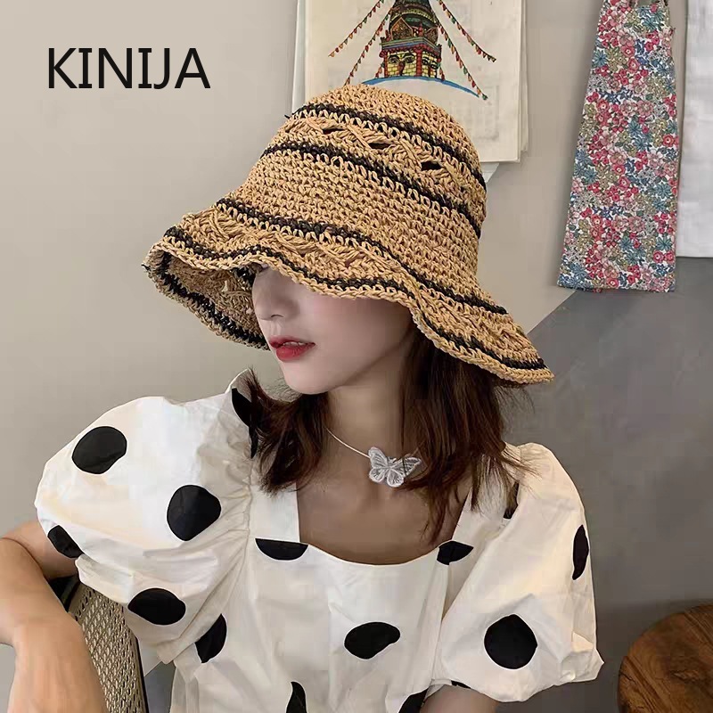 Bucket Hat Straw - Topi Musim Panas Topi Jerami Wanita